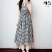 初色 甜美風棉質V領格紋抽繩短袖A字中長裙連衣裙連身洋裝-黑色-19012(M-2XL可選)