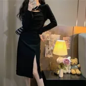 中大尺碼圓領前胸挖洞側抽皺側開叉收腰顯瘦坑條連身洋裝L~4L-Ballet Dolly