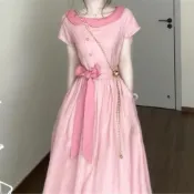 辣妹洋裝 修身顯瘦連衣裙 粉紅色 洋裝禮服 喜宴生日派對洋裝大碼法式溫柔風條紋粉色連衣裙夏新款設計感獨特漂亮顯瘦甜美長裙
