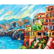 義大利蘇連托 油畫：阿瑪菲海岸海濱藝術，16x20 印象派碼頭