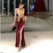 酒紅色 深V領 蕾絲 魚尾裙 高開叉 修身 晚禮服 性感 長裙 連衣裙 宴會 約會 顯瘦包臀