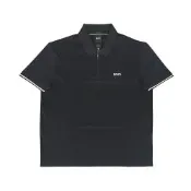 BOSS經典印花LOGO棉質Philix Pima拉鍊開口條紋短袖POLO衫(男/黑)