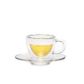 【Chikao】耐熱把手雙層杯 贈盤子 50ml(雙層玻璃杯 咖啡杯 茶杯)
