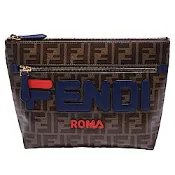 FENDI POUCH系列品牌FF釉面緹花帆布包身皮革貼花拉鍊手拿化妝包(大-藍X紅)