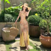金色掛脖連衣裙女印花大裙襬魚尾裙長裙 女士連身裙 修身長裙 無袖連衣裙氣質連身裙 度假連衣裙