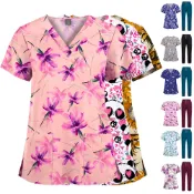 【Chan's】💕 印花V領彈力速幹工作服套裝護士服可愛圖案兒科診所洗手衣男