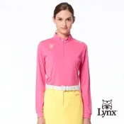 【Lynx Golf】女款吸濕排汗機能個性潮流LOGO字樣印花長袖POLO衫/高爾夫球衫-桃粉色