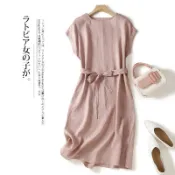 Parrrot Fashion 亞麻洋裝 短袖連身裙2025夏季藝文棉麻舒適簡約素色收腰顯瘦短袖寬鬆中長款洋裝