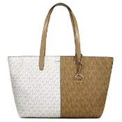 【Michael Kors】金字滿版拚色防刮中款肩背托特包(駝白雙色)