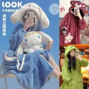 台灣現貨冬季加厚加絨珊瑚絨 睡袍 玉桂狗睡衣 大眼仔睡袍 連身睡衣 睡袍 熊抱哥 保暖居家服 長款加厚浴袍浴袍  露天市