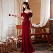 【一字肩魚尾設計】輕奢酒紅色敬酒服 新娘結婚晚禮服 魚尾裙 大氣晚禮服洋裝 婚宴宴會禮服