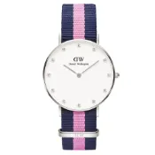 (店+)【Daniel Wellington】施華洛世奇水晶藍粉紅帆布腕錶-銀框/34mm(0962DW)