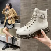 女靴 時尚靴 馬丁靴 騎士靴 複古風 新真皮內增高馬丁靴女百搭皮靴英倫風顯瘦靴子