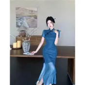 【雪梨·女裝❤️】新中式改良旗袍 性感飄逸魚尾裙 現代舞專用演出服裝 短袖連衣裙 派對宴客洋裝 中國風穿搭 藍色連身裙