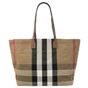 【BURBERRY 巴寶莉】英系經典品牌格紋棉麻肩背包購物包托特包(咖邊)
