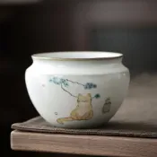 汝窯 開片 茶洗 陶瓷 水盂 茶渣桶 茶道 配件 廢水缸 萌貓 家用 茶具 手工製作 萌貓茶渣桶墊