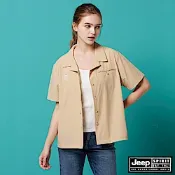 JEEP 女裝 百搭素色古巴領短袖襯衫-卡其