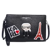 【KARL LAGERFELD 卡爾】Q版老佛爺人像LOGO防刮皮革手拿&斜背包(黑色)