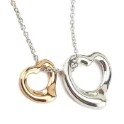 【Tiffany&Co. 蒂芙尼】18K金小愛心搭925純銀中款雙Open Heart墜飾項鍊