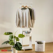 RICHOME 洗衣好幫手衣物架 移動掛衣架晾衣架衣帽架 單桿雙層置物籃洗衣籃 曬衣架 浴室髒衣籃置物架 S8600-2