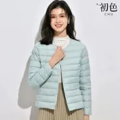 初色 日系簡約純色保暖防風輕薄圓領V領長袖羽絨外套外套女外套-共10色-16533(M-4XL可選)