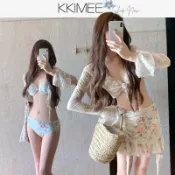 KKimee╭＊碎花渡假風【SJ39】【窄裙+罩衫】沙灘裙 比基尼 性感 溫泉 4件式泳衣 BIKINI 泳衣 游泳衣