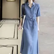 [韓國K.W.]韓國丹寧牛仔水漾誘惑拼接假二件優雅洋裝(小香風/輕量/洋裝/休閒/日系/通勤/渡假)