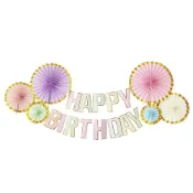 燙金滾邊生日快樂拉條+紙扇花布置用品 生日快樂 場地布置 裝飾品 拉條 派對 橘魔法 【BB7994】