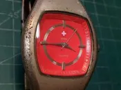 (W22)⌚【報廢手錶｜SWISS QUARTZ 紅面腕錶｜不會動｜零件／維修用途】