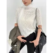 (店+)【BAi 白媽媽】蕾絲透膚短袖上衣／木耳邊刺繡合身上衣－360362 現貨+預購