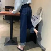 P3-【限時特賣】牛仔褲 牛仔長褲 長褲女 高腰褲 深藍色高腰闊腿牛仔褲女學生春季ins新款直筒寬鬆顯瘦翻邊長褲潮 BJ