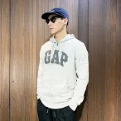 美國百分百【全新真品】GAP 連帽外套 刷毛 棉質 休閒 長袖 素面 logo 外套 男款 麻灰 E927