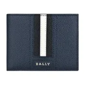 BALLY TVEYE銀字字母LOGO防刮牛皮6卡對折短夾(深藍x黑白黑條紋)