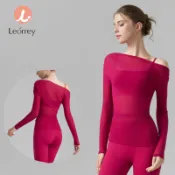 Leorrey-斜肩網狀瑜伽百褶運動上衣透氣長袖運動罩衫