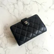 Chanel 黑色菱格小羊皮革中夾 錢包 銀包 卡片零錢包 中古包 二手