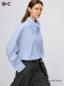 【UNIQLO】女裝 棉質立領襯衫(長袖)(條紋) 489451