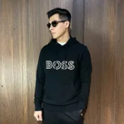 美國百分百【全新真品】BOSS 連帽上衣 棉質 男款 大LOGO 長袖 帽T 黑色 CR29