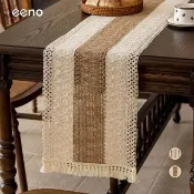 【eeno】棉麻鉤編 浮雕花紋桌旗30×240cm流蘇餐桌布 桌布檯布 長桌墊(CC006)