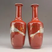 滿300出貨 （壹對）居仁堂款紅釉描金松鶴棒槌瓶古玩瓷器仿古瓷器做舊瓷器