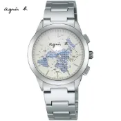 agnes b. 全球旅行世界地圖三眼計時中性錶/藍/37mm (V654-0AF0S/BWY059P1)