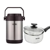 【THERMOS膳魔師】超值2入_黑咖啡不鏽鋼真空燜燒提鍋1500ml+不鏽鋼附蓋瀝水湯鍋18cm(RPF-20-BKC+SPC-S18)
