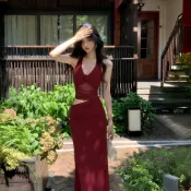 紅色花朵露背掛脖洋裝女夏季禮服裙純欲緊身裙子設計感包臀長裙
