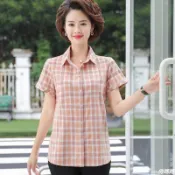 【中老年衣服】👵媽媽裝 襯衫女 短袖上衣 大尺碼寬鬆上衣純棉媽媽款短袖襯衫女50歲中年女士全棉襯衣格子衫中年女裝春夏裝