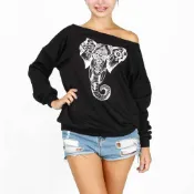 Women Oblique Shoulder Elephant Printed Hoodies Long Sleeve