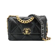 【BreezeOnline 微風精品線上】Chanel 19 菱格羊皮金釦雙色鍊帶手提/肩背包-26cm(AS1160-黑)
