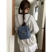 韓版 後背包URDION RSURVO韓系迷你小香風鏈條雙肩包女ins學生牛仔水桶單肩包