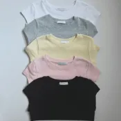 正韓【預購】女生日常百搭素面基礎圓領短袖修身T恤上衣 黃 乳白 粉 灰 黑【09.08】東大門-M18377