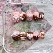 𝒚𝒐𝒐𝒓𝒊𝒌𝒐.𝒏𝒂𝒊𝒍純手工古早汎用兔gloomy暴力熊3D立體穿戴甲  粉棕波點可愛卡通學生短圓美甲貼片  指甲貼