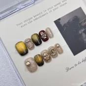 💕十指好運優選🎈【日月星光】純手工穿戴甲小紅書爆款立體鵰花貓眼高級顯白美甲穿戴甲 K34D