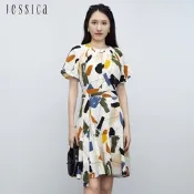 JESSICA - 彩色幾何印花雪紡綁帶短袖洋裝233172